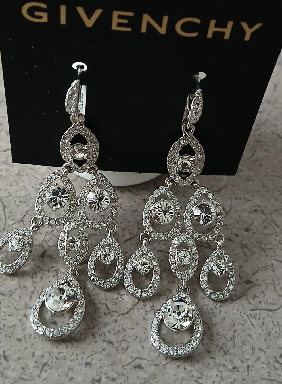 Givenchy Silver Crystal Teardrop Chandelier Earrings — Sparkling Clear Stones